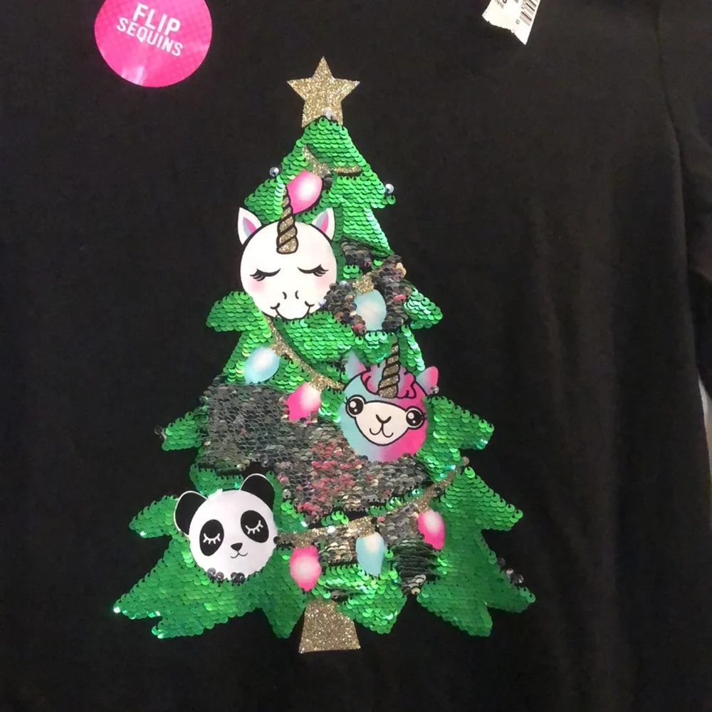 NWT Girl’s The Children’s Place Christmas Sequins Black Shirt w/ Unicorn & More - Picture 3 of 6